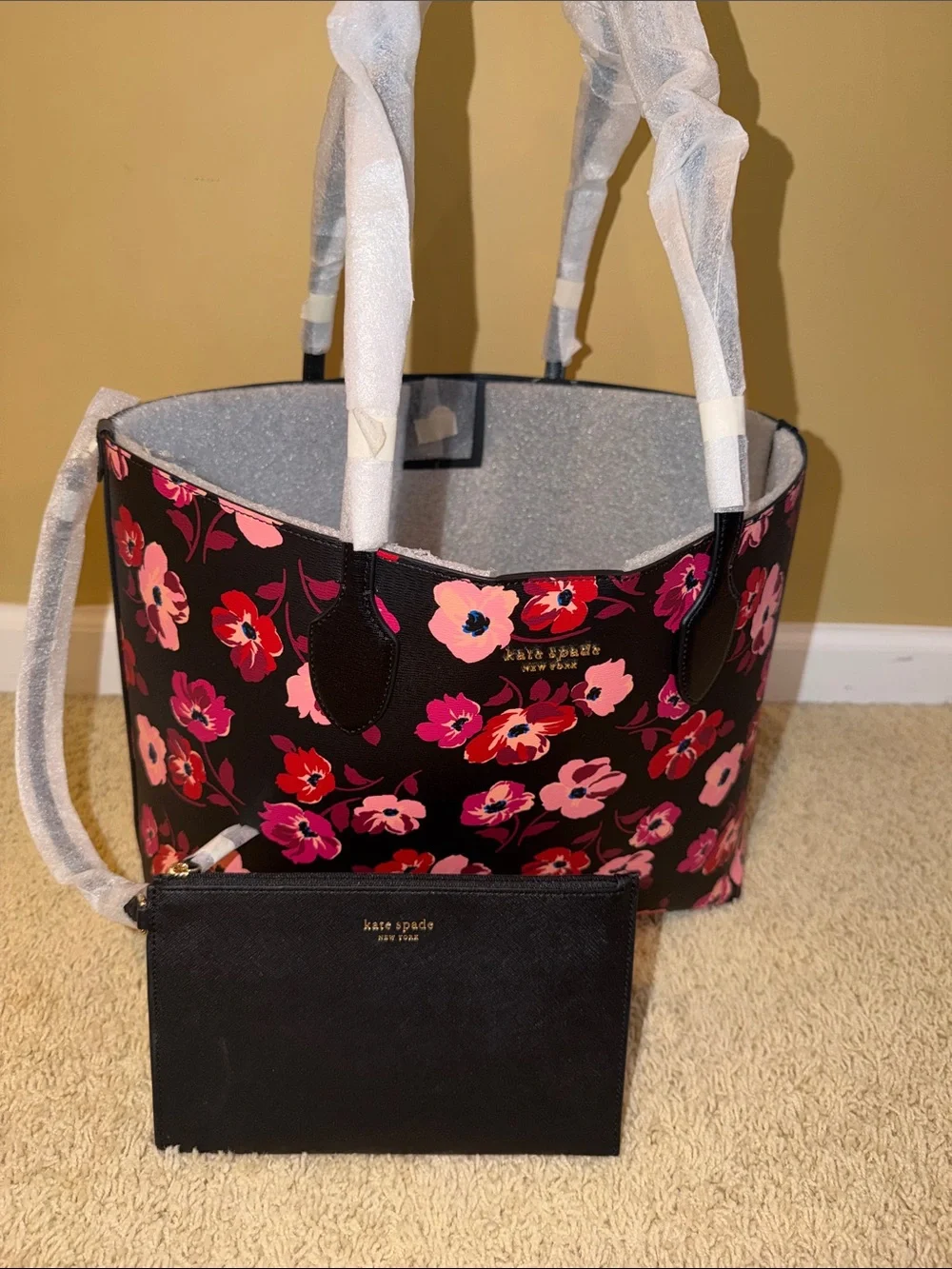 kate spade Black Floral Tote Bag - Pink & Red Flowers